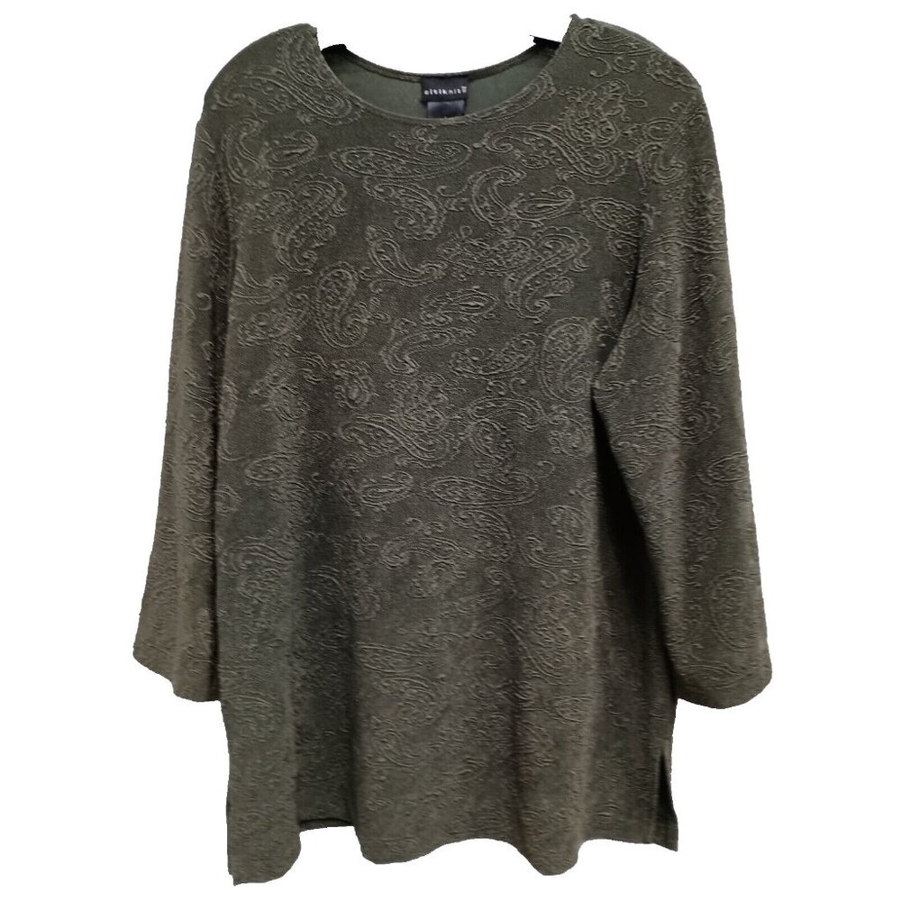 Citiknits Womens Slinky Knit Tunic Top Large Olive Green Paisley 3/4 Sleeve NWT